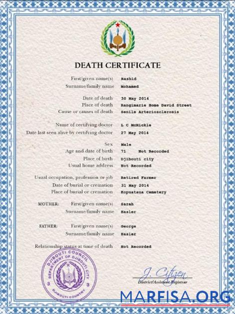 Blank Djibouti death certificate PSD template